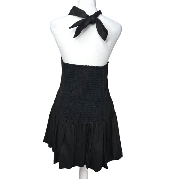 House Of Harlow Black Halter Smocked Linen Blend Bubble Hem Mini Dress Large - Picture 9 of 14